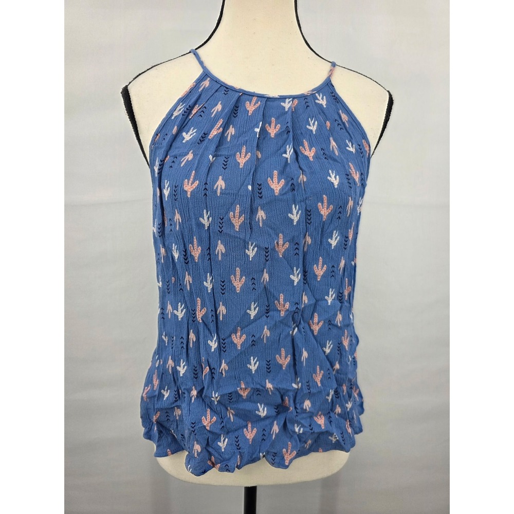Blue Rain Womens Cactus Print Halter Neck Sleeveless Blouse Blue Size Medium
